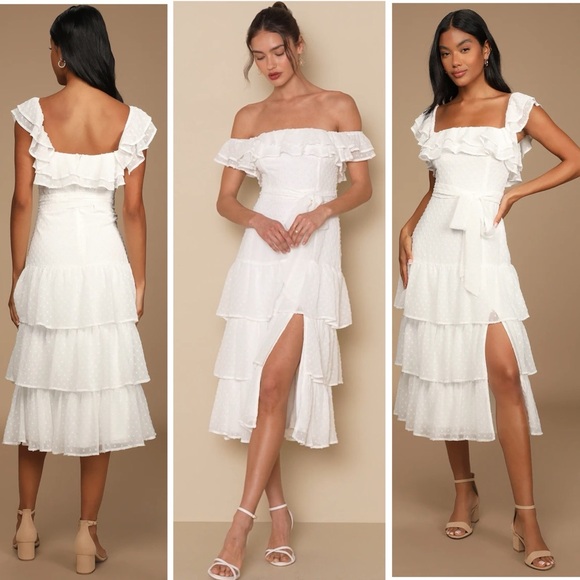 Lulus Dresses & Skirts - Lulus Dear to My Heart Swiss Dot Tiered Ruffled White Cream Midi Dress Small